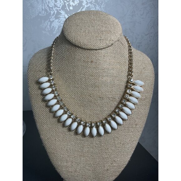 J Crew White & Gold Statement Necklace With Chain & Rhinestone Accents - Picture 1 of 4